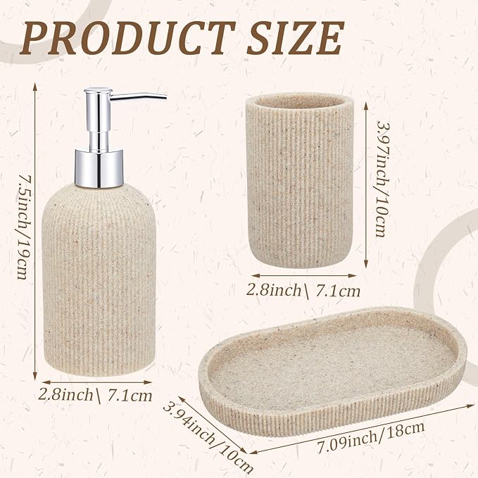 Beige 3 Pcs Toothbrush Holder, Soap Dispenser and Toothbrush Holder, Stripes Decorative Tray Set, Vanity Tray for Bathroom, Frosted Farmhouse Decor