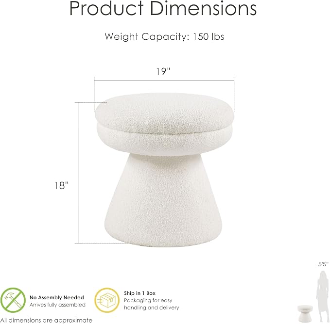 Furniture of America Rami Modern 18-inch Mushroom-Shape Upholstered Ottoman with Tapered Pedestal, Vanity Stool Chair, Small Foot Stool for Bedroom, Living Room, Entryway, Beige