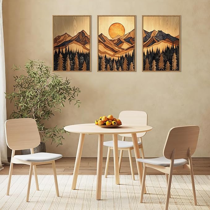 Boho Mountain Framed Canvas Wall Art Set, Vintage Pine Tree Wall Decor, Nature Forest Landscape Art Prints,Brown Woodcut Style Artwork for Living Room, Bedroom, Office -24''x36''x3