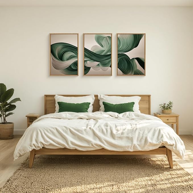 KAIRNE Green Abstract Framed Canvas Wall Art Set,Minimalist Green Lines Wall Decor,Modern Flowing Texture Art Prints,Neutral Smokes Waves Artwork for Living Room,Bedroom,Farmhouse,Office-16 x24 x3