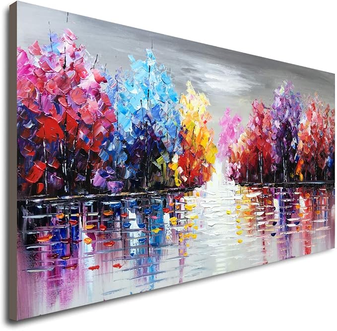 Hand Painted Colurful Textured Lake Landscape Oil Painting on Canvas Purple Tree Wall Art Abstract Nature Artwork for Living Room Bedroom Decor