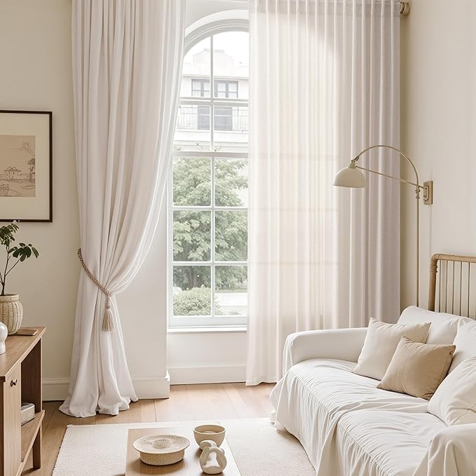 Ivory White Linen Curtains for Living Room 98 Inches Long Light Filtering Semi Sheer Curtain Back Tab Rustic Luxury Neutral Modern Farmhouse Decor Drapes for Bedroom Dinner Room 52x98, 2 Panels