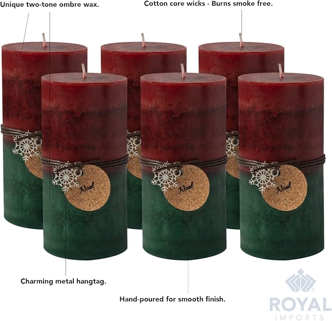 Royal Imports 3" x 6" Pillar Candles for Christmas Holiday Décor, Wedding & Home Decoration, Unscented, Dripless & Smokeless, Set of 6, Red Green Ombre Wax