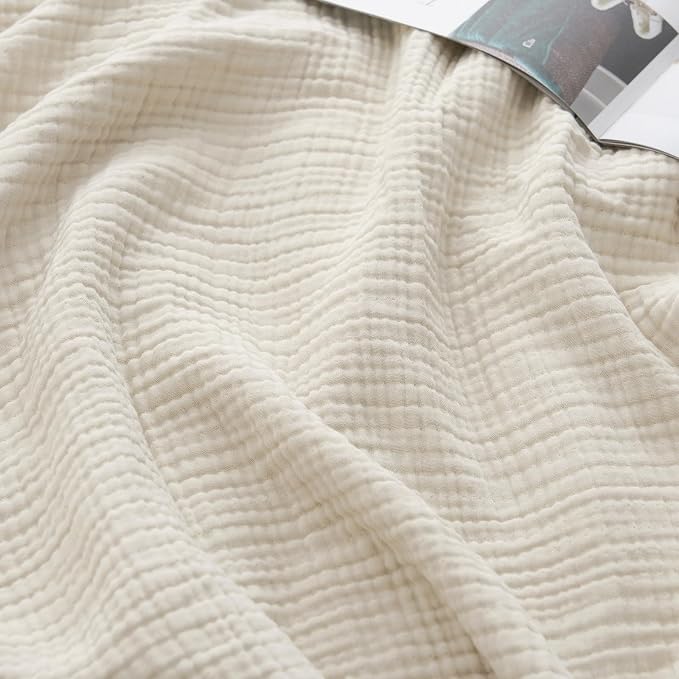 David's Home 100% Natural Cotton Muslin Blanket Queen Size, 4-Layer Soft Breathable Lightweight Comfy Cozy Throw Guaze for Hot Sleepers, 3D Bubble Room Decor for Bed Couch, Giftable, Brich, 90"x90"