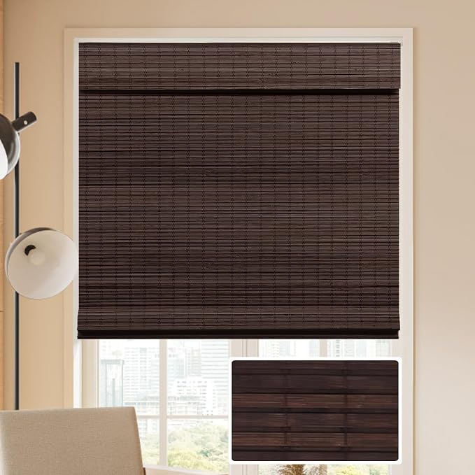LUCKUP Cordless Bamboo Roman Blinds Shades for Indoor Windows-Blackout Room Darkening Roman Blinds with 6" Valance Cover Enhanced Privacy, 32" W x 64" H