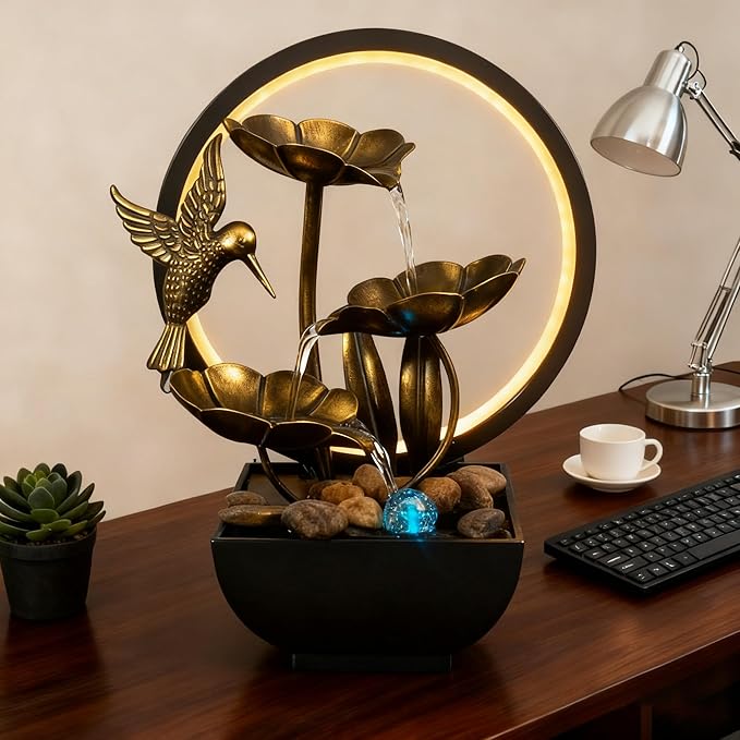 AOZITA Tabletop Fountain, Indoor Waterfall Fountain, Small Home Décor Zen Relaxation Soothing Sound Machine for Office, Living Room, or Bedroom, Bronze Metal Lotus with HBird, River Rocks, Round LED