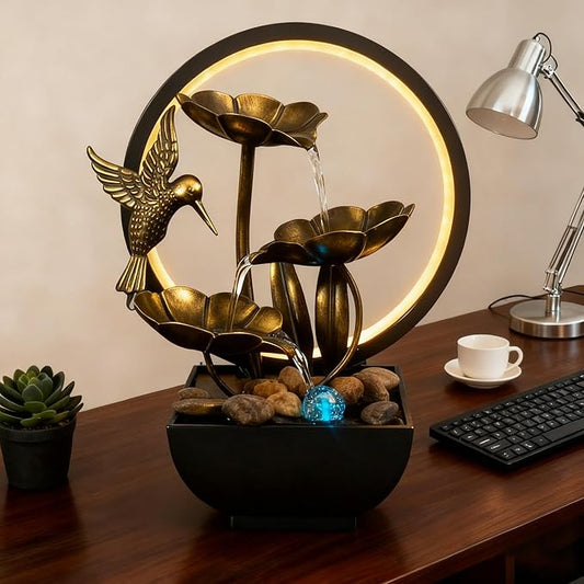 AOZITA Tabletop Fountain, Indoor Waterfall Fountain, Small Home Décor Zen Relaxation Soothing Sound Machine for Office, Living Room, or Bedroom, Bronze Metal Lotus with HBird, River Rocks, Round LED