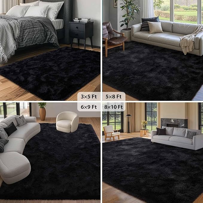 FinRèc Soft Black Rugs for Bedroom Living Room, 3x5 Feet Modern Indoor Fluffy Shaggy Area Rug, Non-Slip Fuzzy Furry Rug for Nursery Kids Room Dorm Room Home Decor, High Pile Plush Floor Carpet