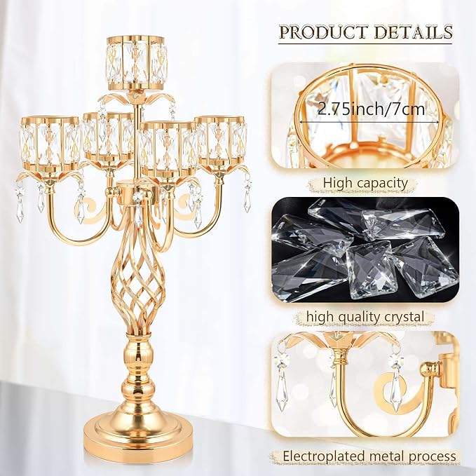 23.2 inch Tall Elegant and Chic 5 Arm Pendant Crystal Candlestick Holder Table Decoration tealight Candle Holder, Candelabra for Gorgeous Wedding/Parties Table Centerpiece (2, Gold)