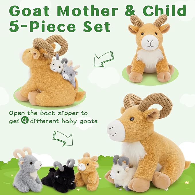 MorisMos 5Pcs Goat Stuffed Animal, 15inch Mommy Goat Plush with 4 Baby, Wlid Stuffed Toys Gifts for Kids, Girls, Boys