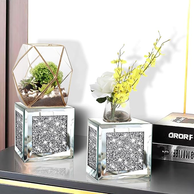 ZOLAPI Set of 2 Crystal Crush Diamond Candle Sconces, Gorgeous Silver Mirrored Wall Sconce, Candle Holder Glass Wall Decorations for Home Décor, Living Room, Dining Room. Floating Shelves