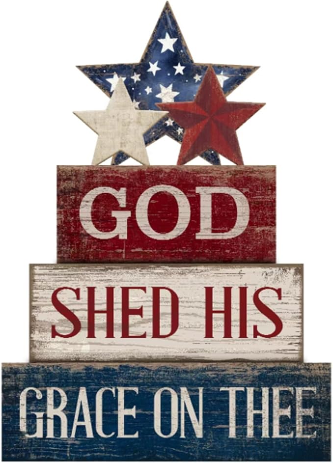 CroBlissful 4 Pcs 4th of July Decorations Patriotic Memorial Day Tabletop Decorations Red White Blue Table Centerpieces Sign for Office Tiered Tray Home Shelf 250th Anniversary(God)