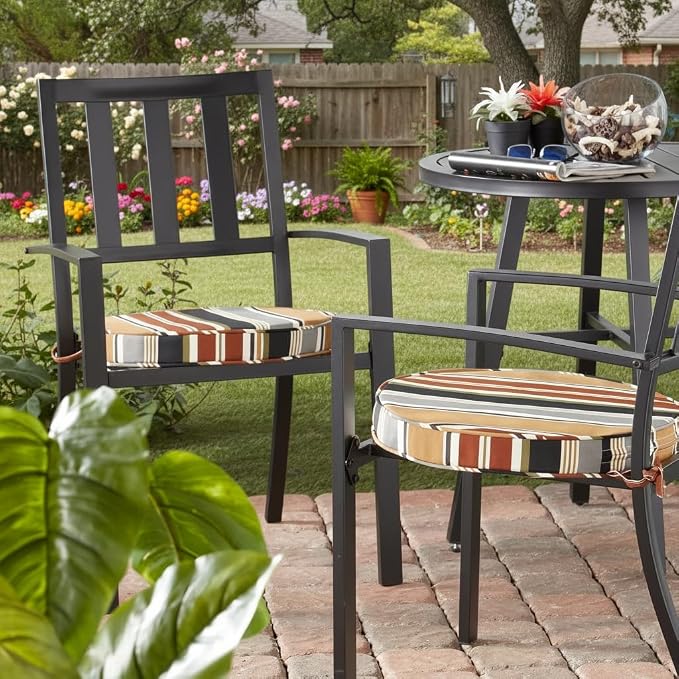 Set of 2 Outdoor 18 inch Round Patio Dining Chair Pads – Comfortable Fiber-Filled Seat Cushions with Ties, Reversible Polyester Fabric, Brick Stripe