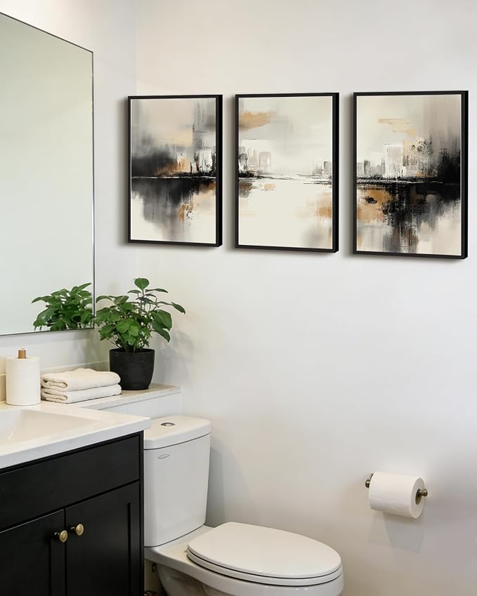 PHOPAGO Black Gray Abstract Landscape Framed Wall Art Brown Tan Neutral Wall Decor Minimalist Modern Illustrations Prints Bedroom Home Decor - 12x16in Black Framed