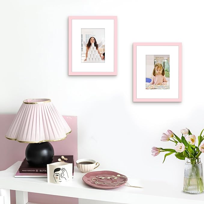Picrit 8x10 Picture Frame Set of 12, Display 5x7 with Mat or 8x10 without Mat, Photo Frames for Wall Mounting or Table Top Display, Pink
