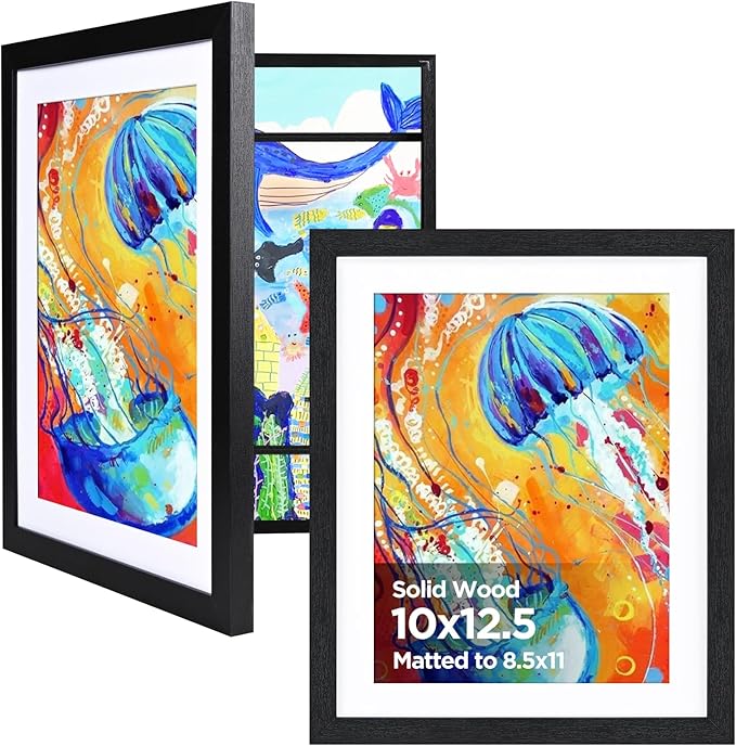 KINLINK 10x12.5 Kids Art Frame Set of 2, Solid Wood Kids Artwork Frames Changeable with Front Opening Hold 150 Pictures, Art Frames for Kids Art with Mat，without Mat 10x12.5 Picture Frame Black