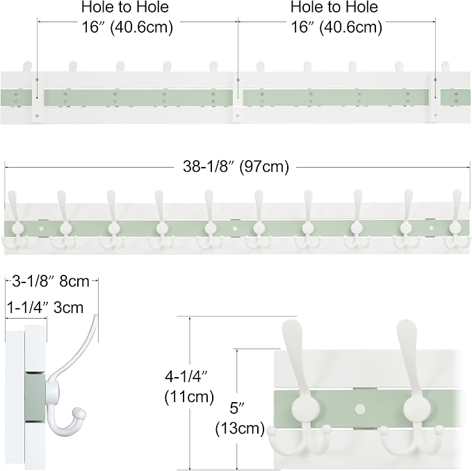 SKOLOO Coastal Wall Mounted Coat Rack - 38-1/8" Beach House Entryway Wooden Coat Hook with 10 Hooks for Hanging Coats, Hats or Towels, Oceanfront Cottage Core Collection, White & Green