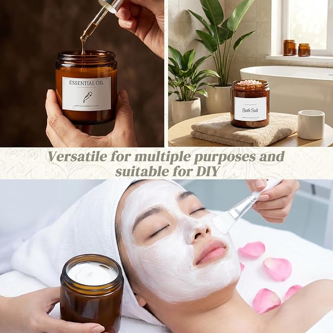 30 Pack 8 oz Candle Jars with Lids, Amber Glass Candle Containers with Black Metal Lids, Empty Round Glass Jars with 36 Custom Labels for Candles, Creams, Essential Oils & Clay Masks