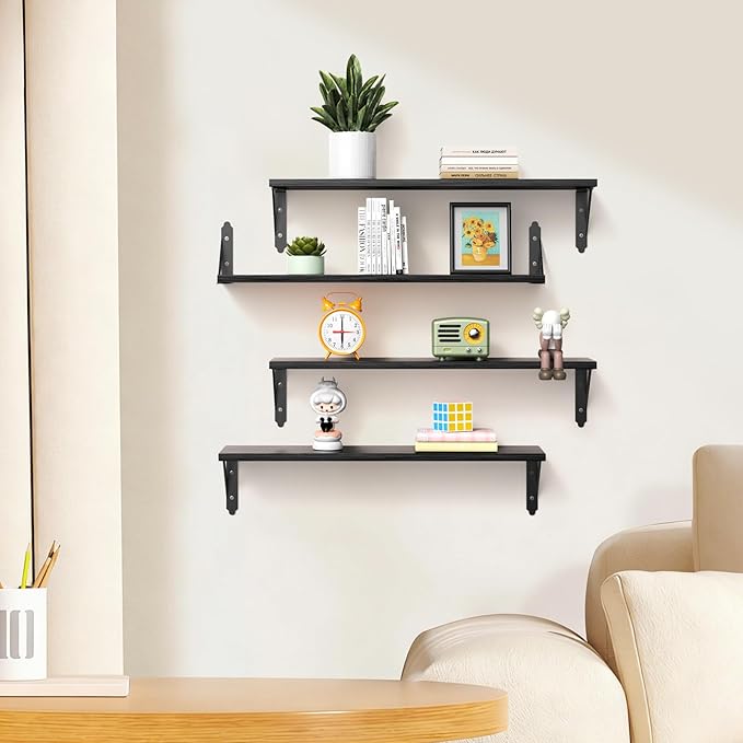 ROMGUAR CRAFT Wood Floating Shelves Set of 4, Rustic Storage Decor Wall Shelves, Wall Mounted Shelf for Living Room, Bedroom 23.6" x 6", Black
