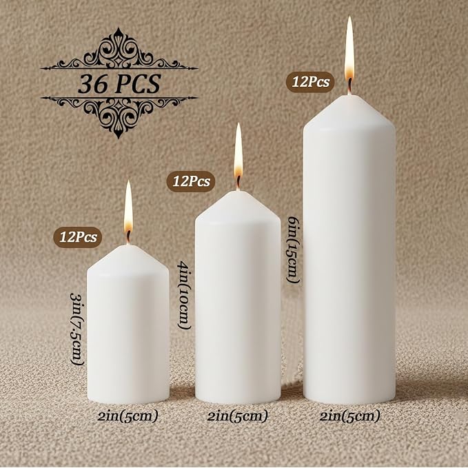 36 Pack White Pillar Candles Bulk Set, 2x3 2x4 2x6 Inch - 12 Each Size, Dripless Smokeless Clean Burning for Wedding Centerpieces, Home Decor, Church, Romantic Ambiance！
