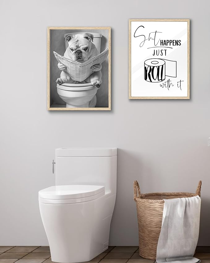 UPWOIGH Funny Toilet Paper Oak Framed Canvas Wall Art, 12x16in Black and White Bathroom Humor Print, Modern Minimalist Poster Wall Decor for Restroom or Washroom, 1Pack Gift Idea