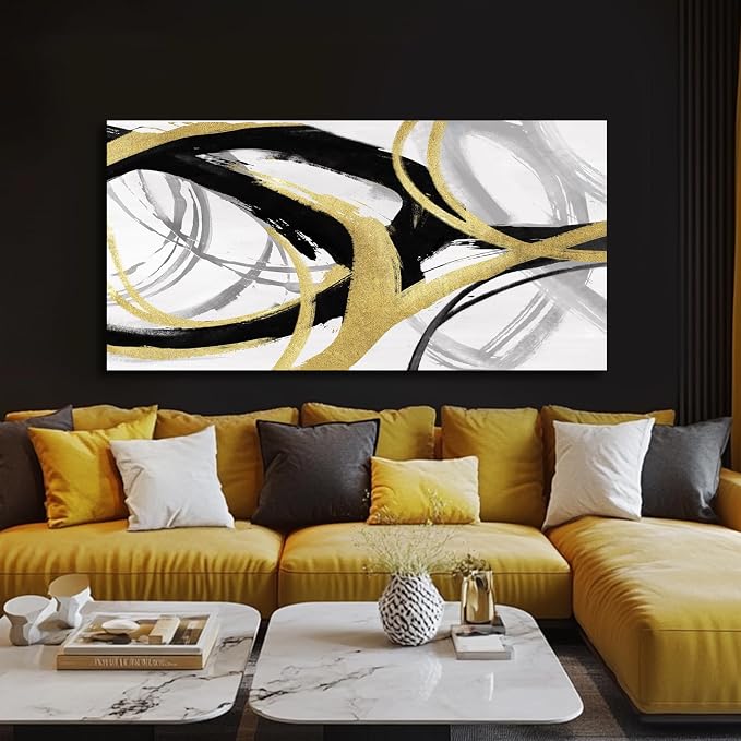 Large Black and Gold Line Wall Decor Modern Abstract Framed Wall Art Neutral Textured Canvas Prints Pictures for Living Room Office Artwork 29"x58"