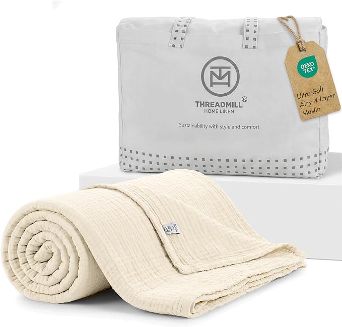 Threadmill Summer Muslin Twin Blanket | 4 Layer 100% Cotton Gauze Blanket | Pre Washed, Soft and Breathable Muslin Throw Blanket | Ideal for All Seasons | Lightweight Picnic Blanket| Natural