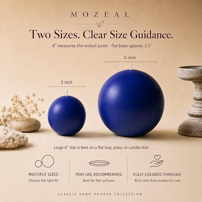MOZEAL Hand-Poured, 6 Inch Royal Blue Large Round Ball Candles - Elegant Royal Blue Round Pillar Candles, Dripless, Unscented, Smokeless, Ideal for Formal Events.
