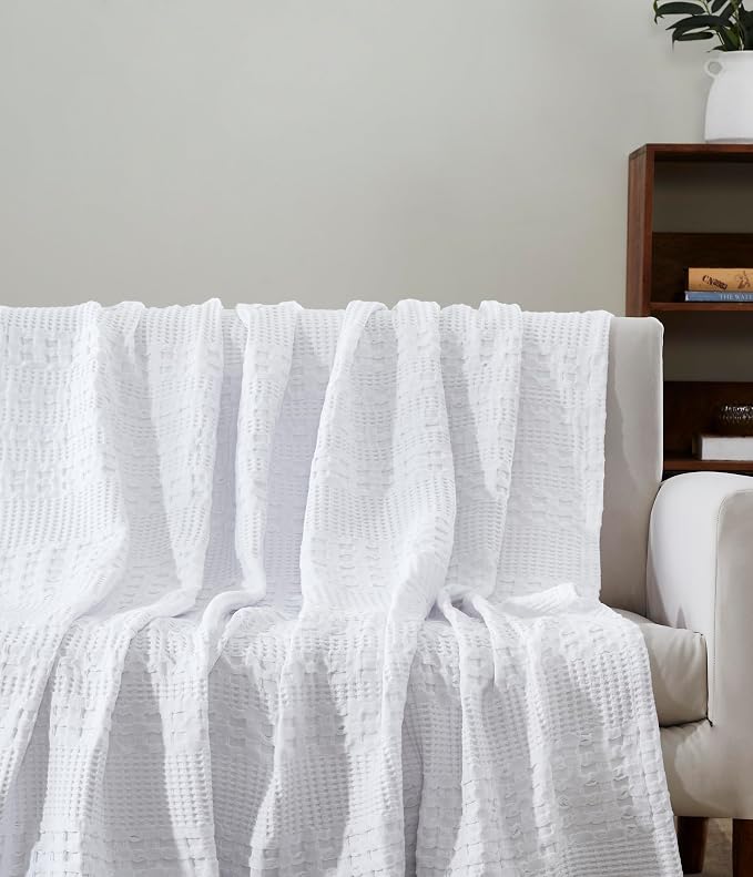 VHC Brands 100% Cotton Waffle Weave King Blanket 108"x90", Decorative Lightweight Spring and Summer Throw Blanket, Bedroom Decor for Bed, Couch, or Sofa, White