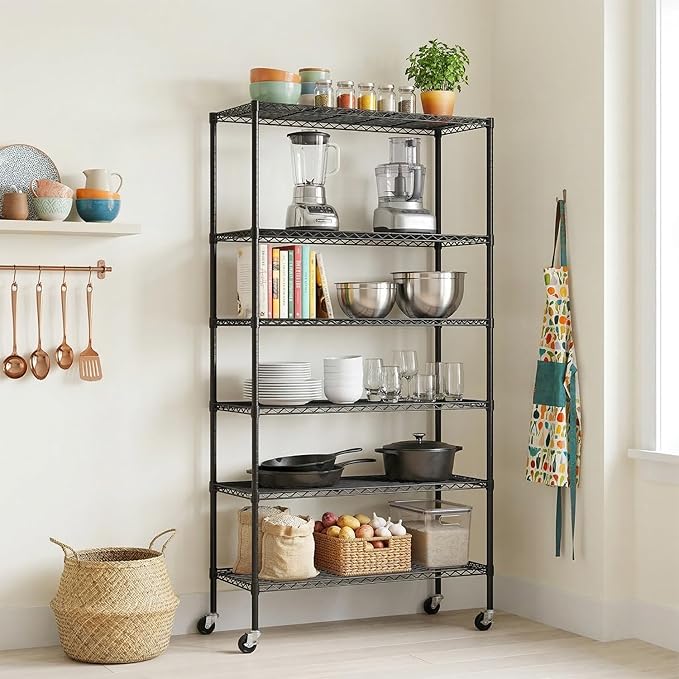 PayLessHere | 6-Tier Wire Shelf with Wheels | 45"x18"x82" | Black | Adjustable Racks | Heavy-Duty Storage Shelves, Holds Upto 510 lbs | Rust-Resistant, No-Tool Assembly | for Home, Garage Shelving