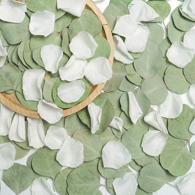 Eslibin 500+PCS Real White Rose Petals & Natural Eucalyptus Leaves, 4.23oz (120g) – Freeze Dried Flower Petals Confetti for Wedding Flower Girl Toss, Aisle Runner, Table Scatter, Bridal Shower Decor