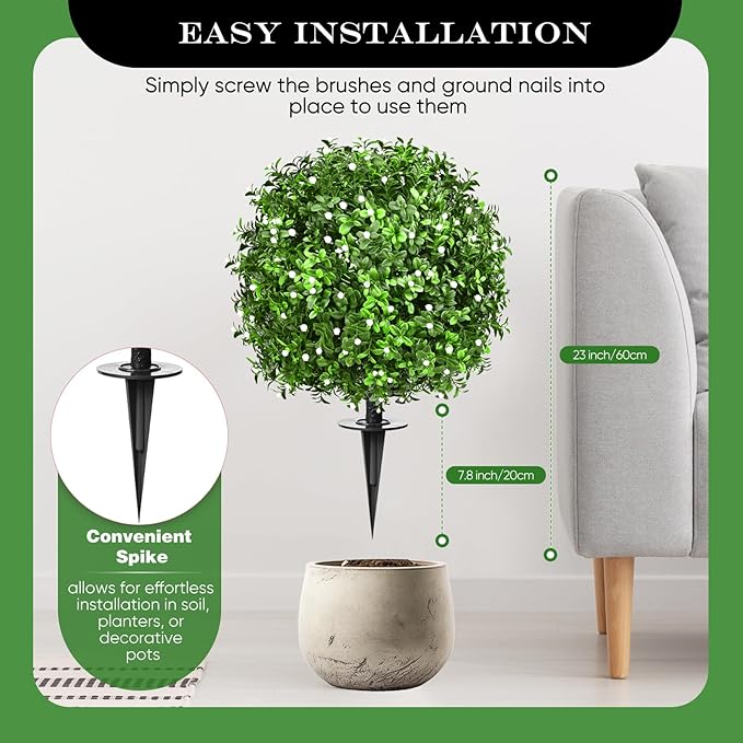 FAJUNZH Artificial Topiary Bushes for Outdoors with Spike, Boxwood Ball Fake Shrubs UV Resistant Faux Plants for Indoor Outdoor Fall Thanksgiving Halloween Decor (Gypsophila Boxwood White-2 Packs)