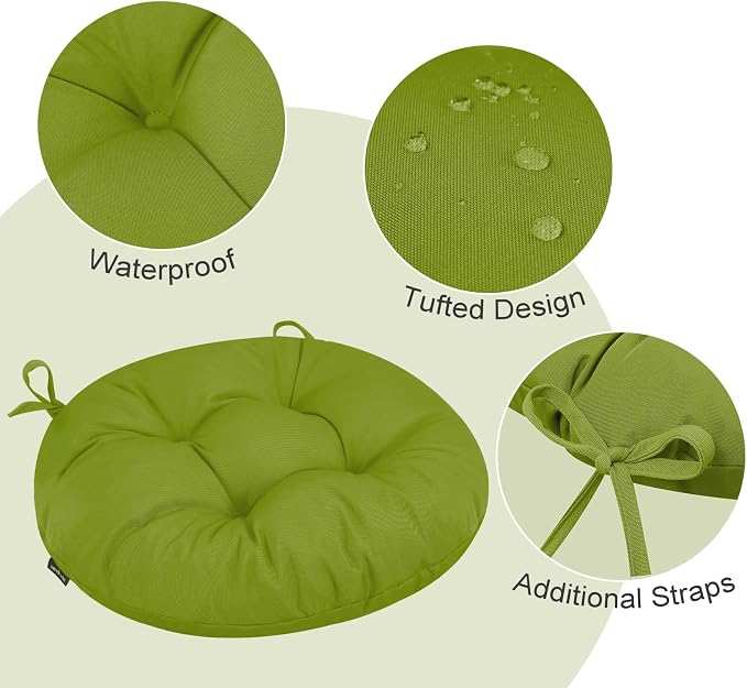 idee-home Outdoor Bistro Chair Cushions Set of 2, Round Seat Cushions | 15”x15”x 4” Thick Outdoor Round Seat Pads Tufted with Ties, Waterproof Patio Furniture Pads for Garden