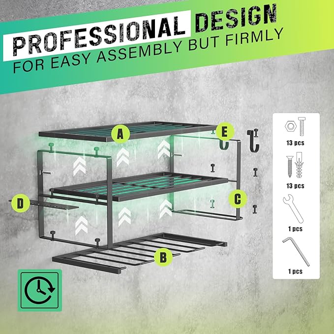 SUNALLY Power Tool Organizer, Heavy Duty Iron, 3 Layers Storage Rack with 4 Drill Holders, Floating Tool Shelf Wall Mounted, Matte Black, Work Shop, Garage, 150Lbs Load Capacity