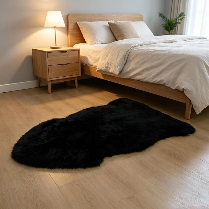 Genuine Sheepskin Rug New Zealand Fluffy Lambskin Rug, Natural Luxury Sheepskin Throw for Bedroom Living Room Children's Room - Premium Area Rug Chair Cover (2×3 Feet, Black)
