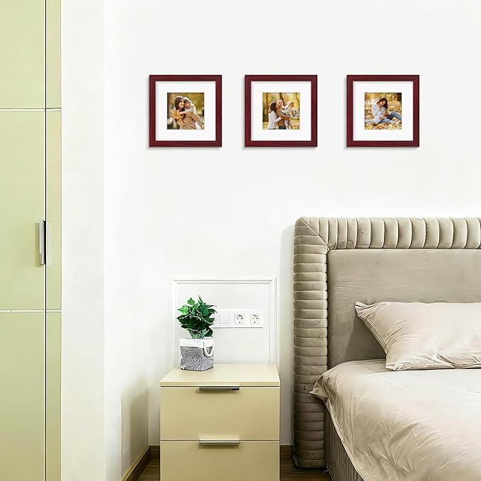 Picrit 8x8 Picture Frame Set of 12, Display 5x5 with Mat or 8 x 8 Without Mat, Photo Frames for Wall Mounting or Table Top Display, Dark Red Wood
