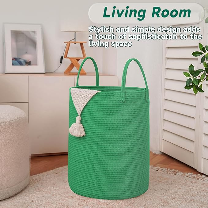 JMvicyroam Large Woven Laundry Basket Hamper,80L Cotton Rope Storage Bin for Blankets,Toys and Clothes,Decorative Tall Nursery Hamper for Living Room,Baby Nursery,Bathroom and Bedroom,Dark Green