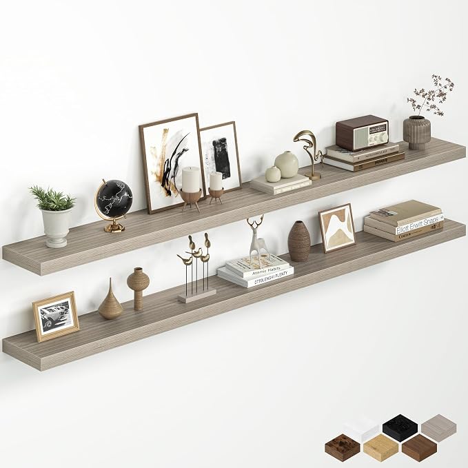 Fun Memories 72 Inch Floating Shelves for Wall, 8 Inch Deep Wall Mounted Wood Shelves with Invisible Brackets for Bathroom, Bedroom & Kitchen Storage Decor, Grey, 2 Pack