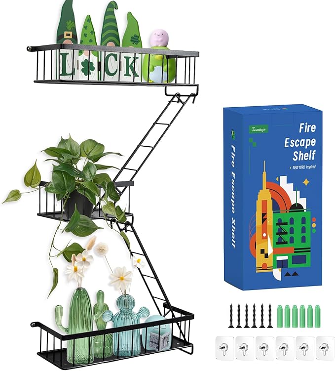 SweetSage Fire Escape Wall Shelf, Modern City Corner Wall Decorative Action Figure Metal Display with Mini Shelf, Black 2.5 Tier