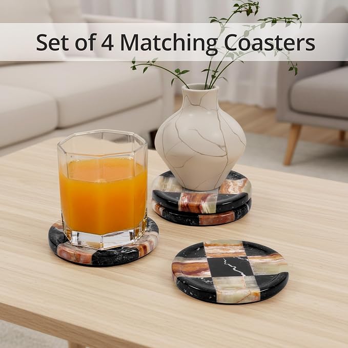 Marble Coasters Set of 4, Zebra Black & Green Handmade 4 inch Round Natural Marble Coaster, Elegant Drink Checkered Coaster Plates for Coffee Table, Stylish Bar Accessories & Home Décor