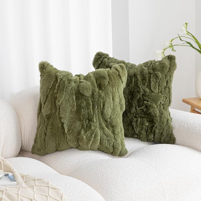 Genuine Rabbit Fur Throw Pillow Covers Set of 2,Luxury Decorative Pillowcases Soft Fluffy Animal Skin Accents Square Cushion Cover for Couch Sofa Bedroom Living Room Home,18x18 inch,Green