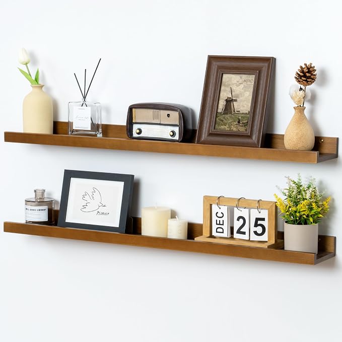 FLYJOE Picture Ledge Wall Shelves 36 inch Width Set of 2, Solid Pine Wood Rustic Floating Ledge Shelves for Wall for Kids' Room Bedroom Kitchen Bathroom Living Room Nursery Display Wall Decor, Walnut
