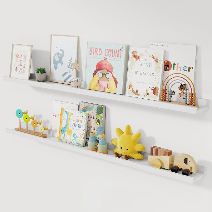 Acovy Solid Ash Wood Picture Ledge Shelf, 48 Inch, White, Set of 2 | Floating Shelves, Wall Mounted, For Living Room Kids' Bedroom Nursery, Photo & Book Display