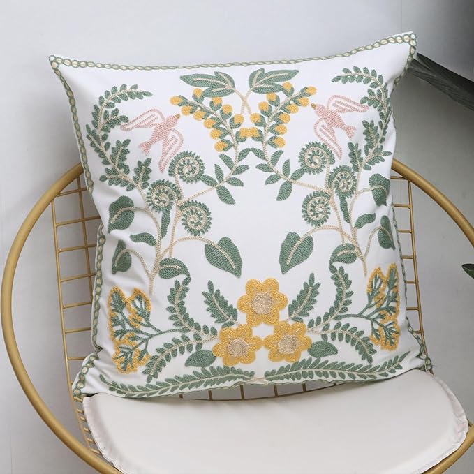 Set of 2 Embroidered Decorative Throw Pillow Covers Couch Square Pillowcases Cushion for Bedroom Sofa Farmhouse Decor 18x18 Inch (Flower-A)