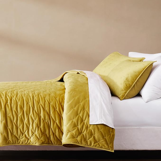 Lush Decor - Quilt Set, 3-Piece Cozy Velvet Bedding with Matching Shams, Embroidered Stitch Design (Haven Mineral Yellow, King/California King)