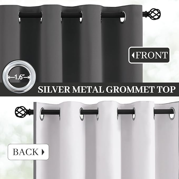 Yakamok Room Darkening 100% Blackout Curtains Grommet Window Treatments with 2 Thick Layers-Charcoal Grey Thermal Insulated Drapes Set of 2 Panels for Bedroom Living Room 52 Inches by 63 Inches Length