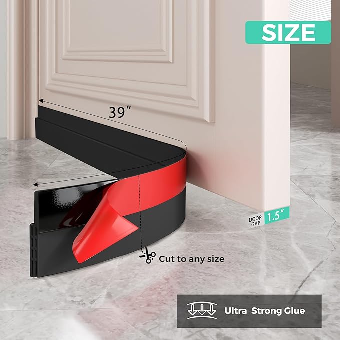 Hojoy 2 Pack Under Door Draft Stopper, Adjustable Door Sweep Anti-Collision Strong Adhesive Weather Stripping Tape Soundproof Draught Stoppers 2" W x 39" L, Black