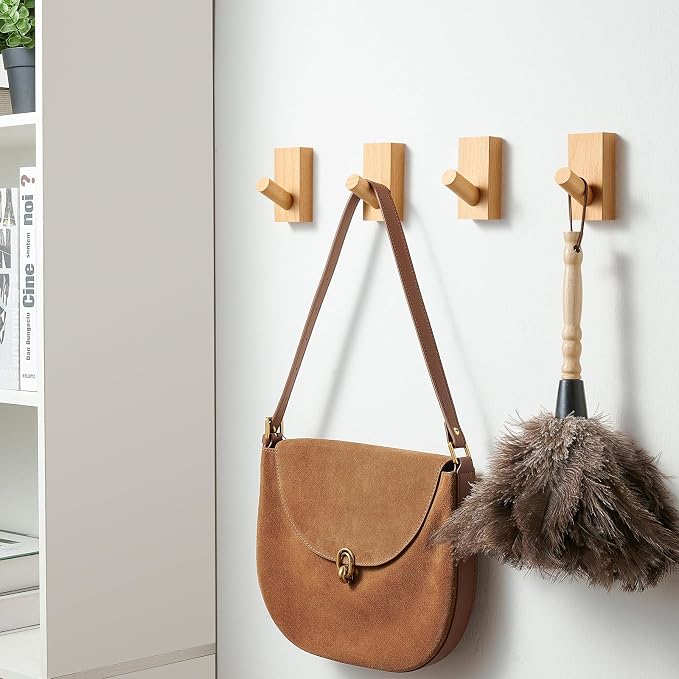 Felidio Natural Wooden Wall Hooks, Adhesive & Screw Mount Coat and Towel Hooks - Decorative Key Holder, Hat Rack, Stocking Wall Hangers for Bathroom Entryway Closet - 4 Pack, Beech Wood