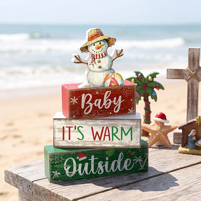 Lineshading 4 Pcs Summer Christmas in July Table Decoration Wooden July Summer Table Centerpiece Christmas Party Supplies Snowman Flamingo Palm Tree Beach Party Decorations Holiday Xmas Supplies