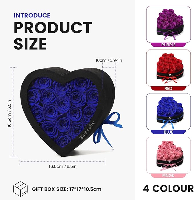 Valentines Day Flowers Roses Gifts for Her,16pcs BlueForever Preserved Roses in Heart Shape Gift Box,Valentines Day Delivery Prime Gifts-Roses Gifts for Women,Mom.